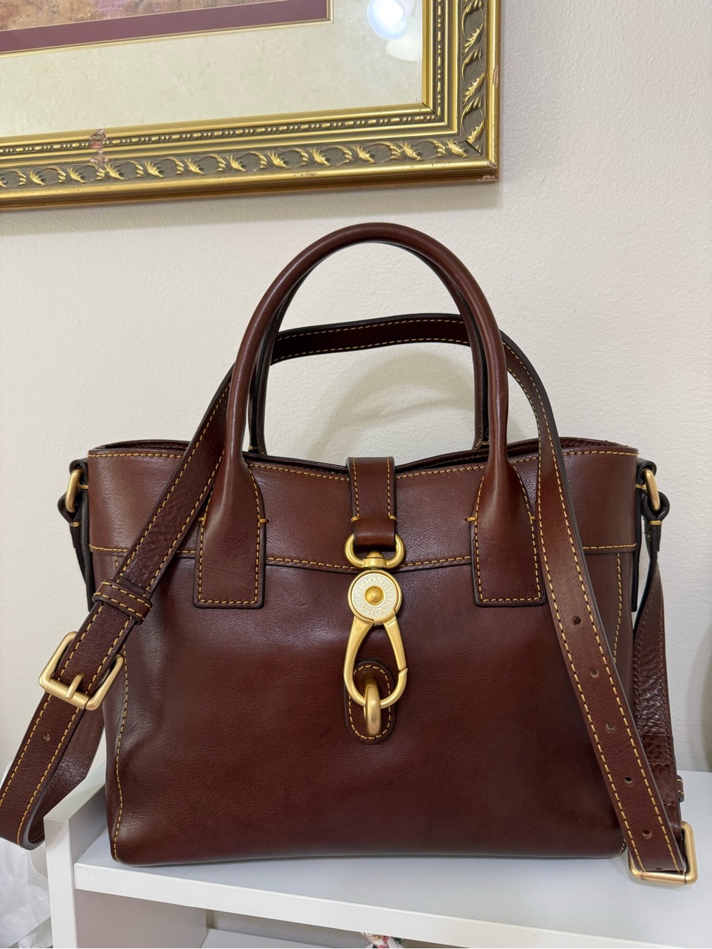 Dooney&Bourke Brown Leather Satchel with Gold Hardware